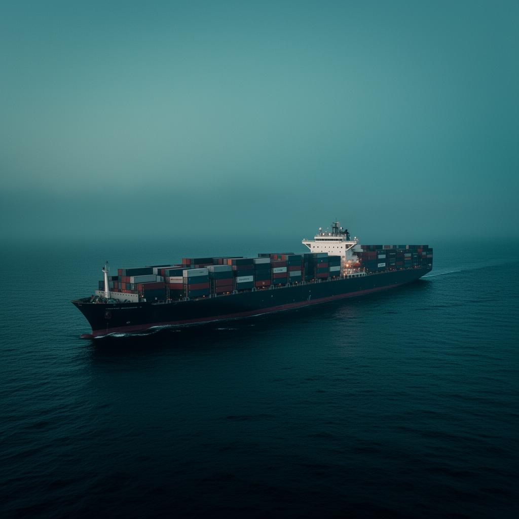 Container ship at sea during blue hour